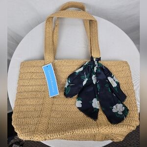 NWT Draper James Tan Woven Medium Size Tote Bag with Floral Scarf
